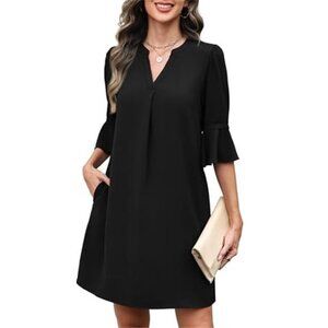 Black Shift Dress V - Neck Ruffle Short Sleeve Casual Summer Dress with Pockets